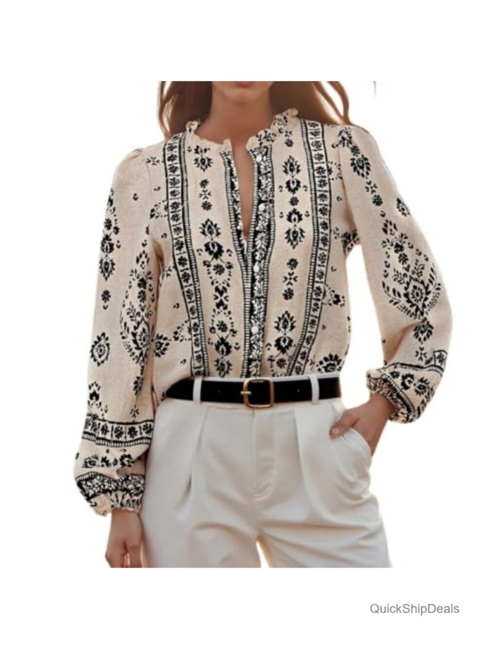 Women's Cotton Linen Button Down Shirt Long Sleeve Floral Boho Blouse
